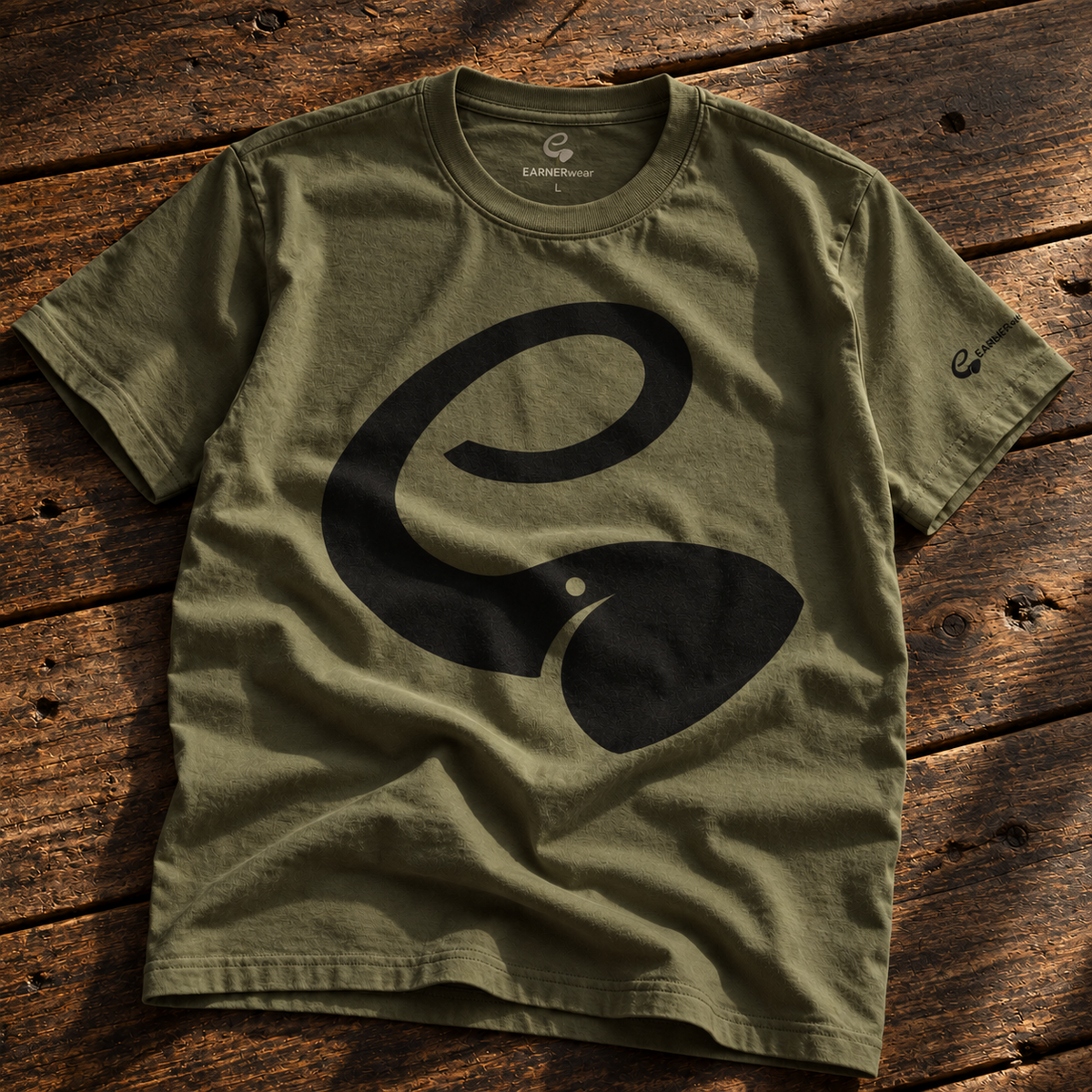 EARNERwear shirt lifestyle flat lay on rustic wood background